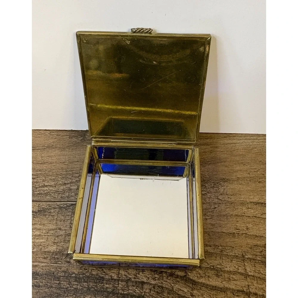 Vintage Iridescent Angel Trinket Jewelry Box Thomas Cathey Metal Glass Blue